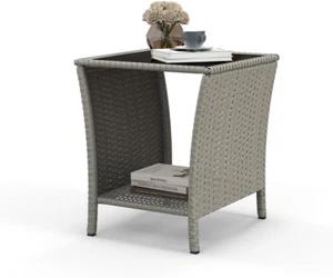 Outdoor Side Table - Outdoor Wicker Side End Tables for Patio W/Storage Shelf, G - Picture 1 of 9