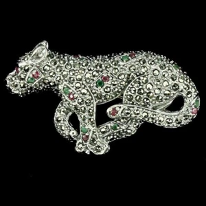 Silver Brooch Ruby Emerald Marcasite Genuine Natural Mined Gems Solid Sterling - Picture 1 of 24