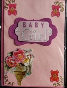 Handmade New Baby Girl Pink Teddy Bears Greeting Card - Picture 1 of 1