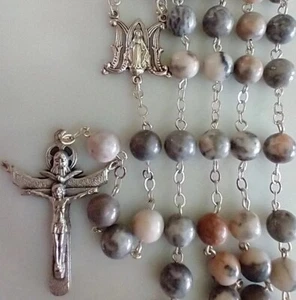 Catholic Rosary Pink Jasper Precious 8mm Bead Miraculous Medal Trinity - Picture 1 of 12