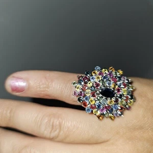 Bunter Multi Edelstein Cluster Ring Gr. 5 Mitte Saphir 0,925 Silber Nachlass Fund - Bild 1 von 14