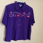Vintage Koret Purple Embroidered Blouse With Red Hats Women's Medium Cottagecore