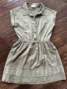 Crazy 8 Girls Sz 12 Button Up Shirt Dress Collared  Gathered Waist Olive Green - Picture 1 of 4