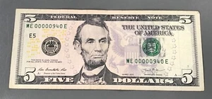 Fancy Low Serial Number $5 ME00000940E 2013 Series Five Dollar Bill - Picture 1 of 4