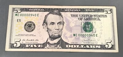 Fancy Low Serial Number $5 ME00000940E 2013 Series Five Dollar Bill - Image 1 of 4