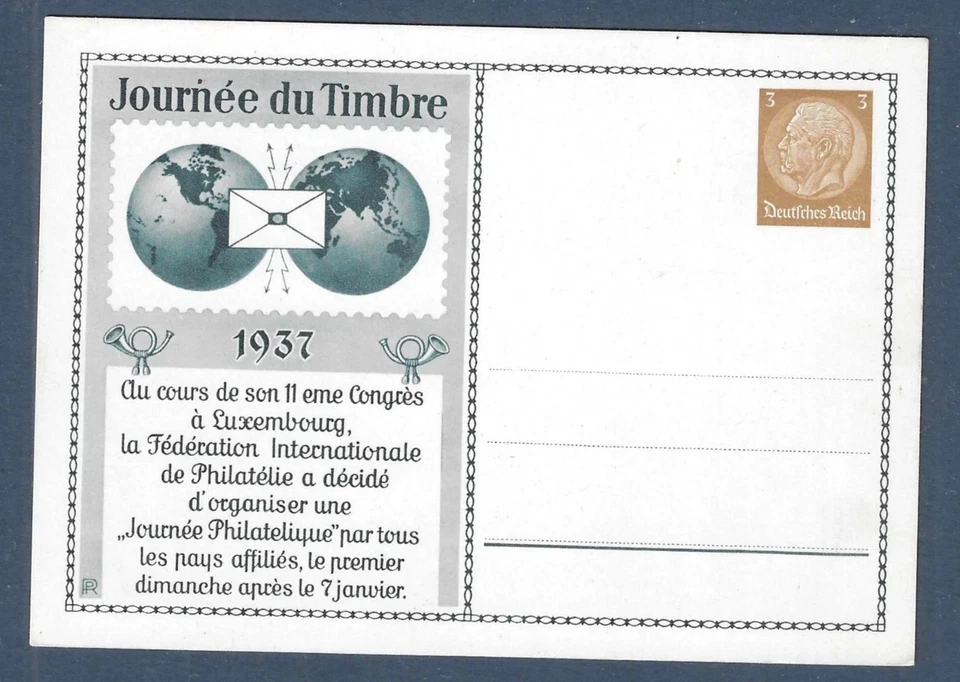 1937 REICH GERMANY PRIVATE STATIONERY POSTCARD DAY OF STAMP FRANCE PP 122 C35 ** - Image 1 of 1