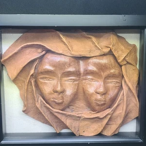 Women Double Face 3D Mold Handmade Leather African Decor Folk Art Sculpture - Picture 1 of 5