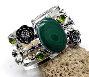 Green Malachite Gemstone 925 Sterling Silver Jewelry Cuff Bracelet Adjustable - Picture 1 of 5