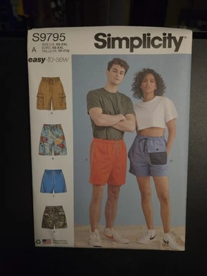Easy Unisex Pull-on Shorts Sewing Pattern Simplicity  S9795, XS-S-M-L-XL-XXL - Image 1 of 3