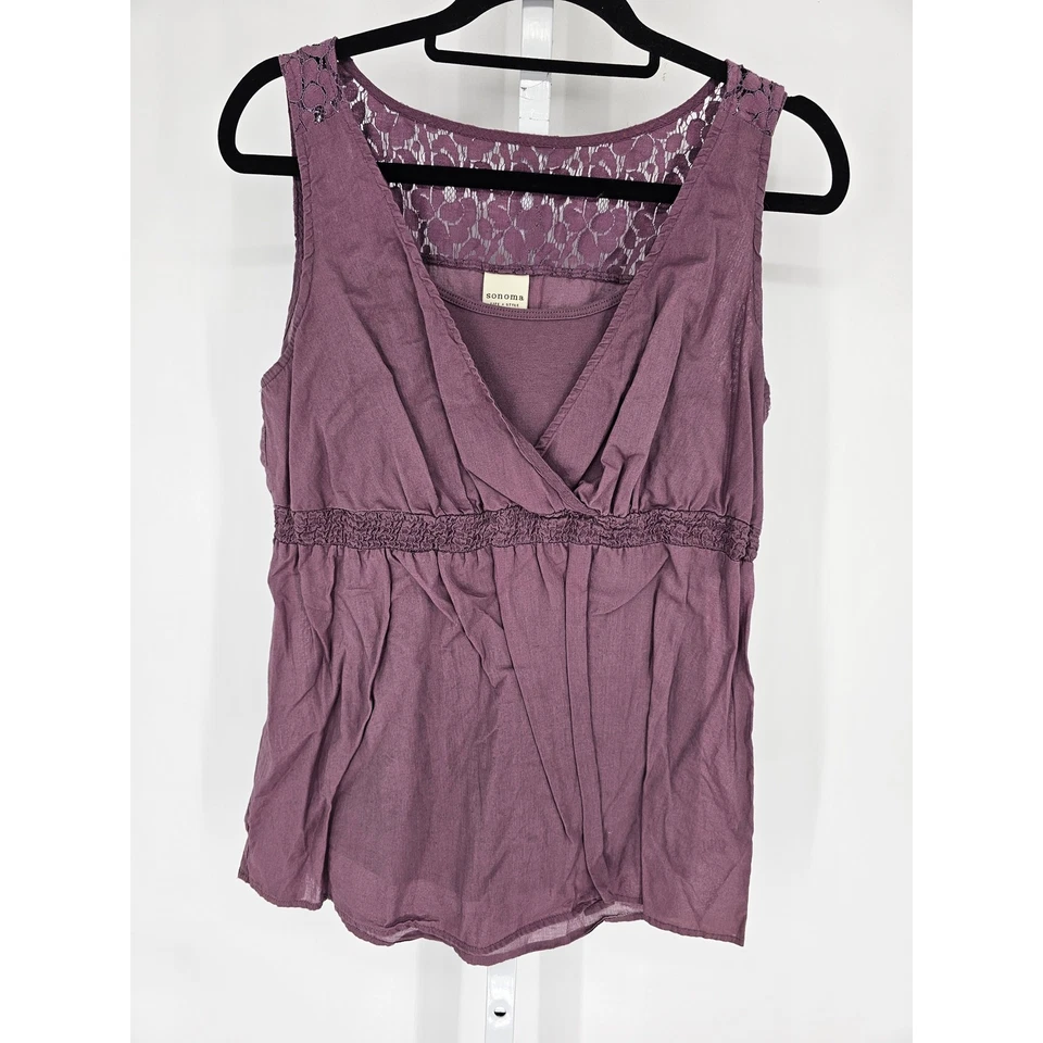 Sonoma 女式 L 码无袖棉衬衫深紫色帝国腰蕾丝 — 第 1/3 张图片