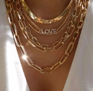 Women's Fashion Bohemian Jewelry Gold Multilayered Love Chain Necklace 294-27 - Picture 1 of 1