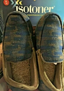 isotoner Blue/Brown Plaid Men's Moccasin Fleece Lined Slippers size XL 11-12 New - Picture 1 of 3