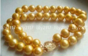 2 Rows Natural Genuine 9-10mm Golden South Sea Cultured Pearl Bracelet 7.5-8" AA