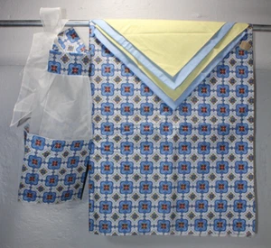 Vtg Matching Tablecloth Napkins  Apron Blue & Yellow Mid Century Style Tea Party - Picture 1 of 6