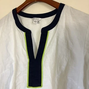 Nautica Women's Large Linen Blend Blouse White w/Nautical Blue Trim 3/4 Sleeve - Picture 1 of 12