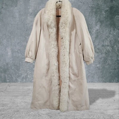 Casaco de couro feminino Thermolite pequeno bege decote de pele comprimento total mangas punho - Imagem 1 de 4