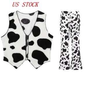 US Kids Cowboys Cowgirls Outfits Milk Cow Pattern Vest and Pants Nightwear Sets - Picture 1 of 20