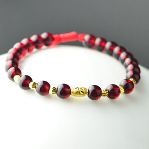 Real 999 24k Yellow Gold 6pcs Faced Beads & Carved Beads Red Cord Bracelet 6.3"L