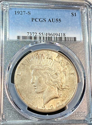 1927-S Peace Dollar PCGS AU55 Super Nice, New Slab Best Price Ebay* CHRC - Image 1 of 4