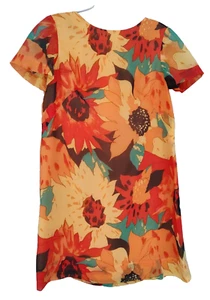 Vintage 60er Jahre bunt handgefertigt japanisches A-Linie Kleid Chiffon Sonnenblumen - Bild 1 von 5