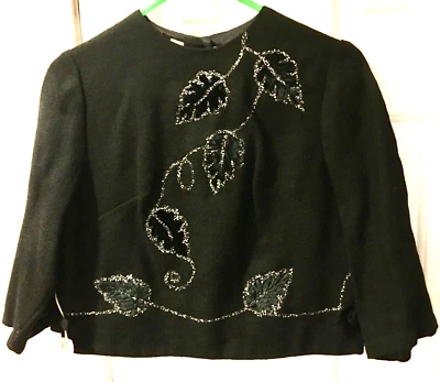 NWT Vintage 1950's Women's Black Silver Glitter Wool Top Jacket XS Velvet Leaves - Image 1 of 4
