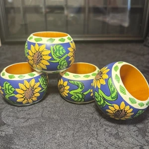 Hand Painted Wooden Napkin Rings Set Of 4 Sunflower 2.5" - Picture 1 of 4