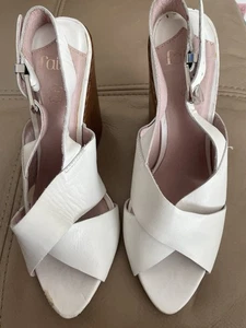 Faith Y2K White Leather Strappy Heeled Wedges Size 6 - Picture 1 of 3
