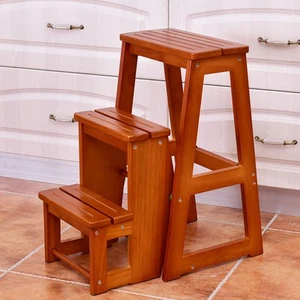 Wood Step Stool Folding 3 Tier Ladder Chair Bench Seat Utility Multi-functional - Picture 1 of 10