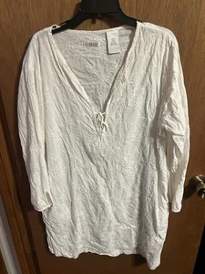 Stickerei Baumwolle Strand Cover-up weiß Tunika Küste Boho Bauern Resort L - Bild 1 von 3