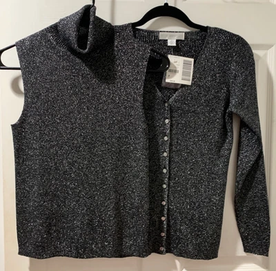 NUEVO CON ETIQUETAS 70% Seda Tejido Negro Plata Metálico Cárdigan y Cuello Alto Conjunto Sin Mangas Para Mujer P Foto 1 de 4