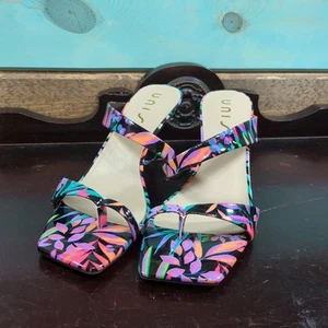Unisa Black Purple Pink Y2K Tropical Floral Slip On Kitten Heel Sandals Sz 10 - Picture 1 of 8