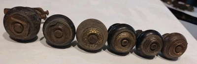 Antique VINTAGE EASTLAKE Black Wood & Fancy Brass Centers DRESSER DRAWER KNOBS  - Image 1 of 4