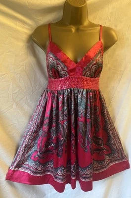 Hot Pink Satin Paisley Strappy Sequin Sze Small Camisole Babydoll Autumn Y2K Top - Image 1 of 4
