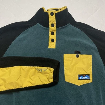 KAVU Pullover Sweater Mens Small Black Green Yellow Fleece Snap Pocket Outdoor - Image 1 of 4