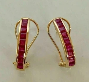 1.50Ct Princess Cut Created Red Ruby Huggie Hoop Earrings 14K Yellow Gold Plated - Picture 1 of 4