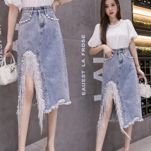 Women Denim Tassel Fringe Beaded Skirt Ripped Irregular Asymmetric Slit - Picture 1 of 17