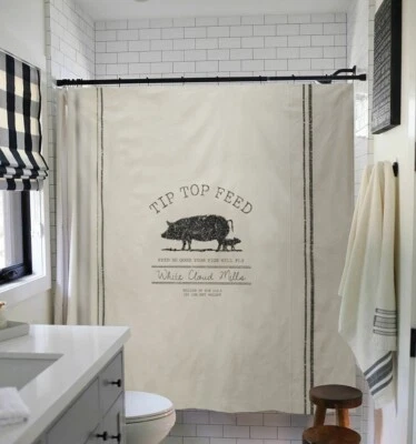 New Farmhouse Country Shower Curtain PIG FEED Rustic Black Stripes Grain Sack - - Image 1 of 2