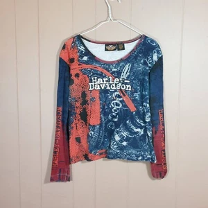 Harley Davidson Shirt Women's Size L Y2K Motorcycle All Over Graphic Long Sleeve - Picture 1 of 8