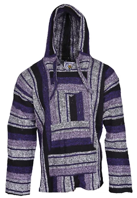 Baja Pullover Sudadera con Capucha Púrpura y Blanco Rayas Sudadera con Capucha Chaqueta Baja Mexicana Foto 1 de 4