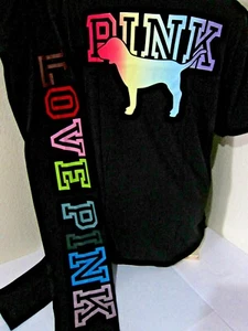 LOT Victoria Secret Pink NEON RAINBOW GRADIENT DOG TEE SHIRT LEGGING PANT XL SET - Picture 1 of 10
