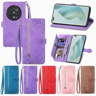 Zipper Wallet Case Cover With Strap For Honor Magic5 Lite Magic 8 7 6 Pro GT Pro - Image 1 of 4