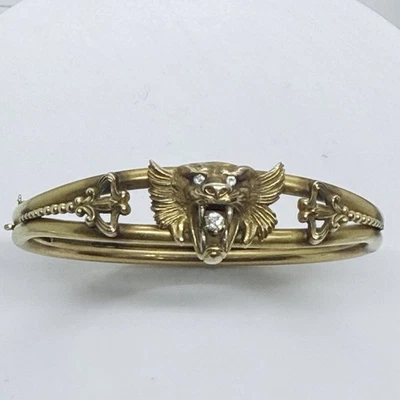 Art Deco  14K Gold Diamond Lion Bracelet American Made 1930s Patented Cuff 23.1g Foto 1 de 4