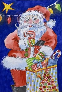 5”x7” Pamela Wilhelm Original Watercolor Whimsical Shopping Santa With Mug - Picture 1 of 1