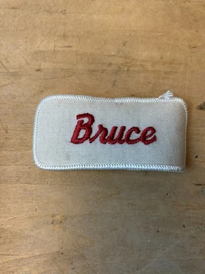 Vtg 70s BRUCE Sew On Embroidered Clothing Jacket Uniform Name Patch RED & WHITE - Image 1 of 3