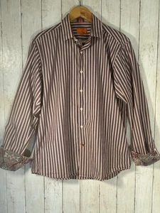 Tallia Button Down Shirt SZ M 15.5 Orange Blue Stripe Long Sleeve Flip Cuff Prep - Picture 1 of 11