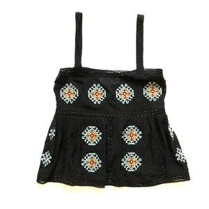 The GREAT Roam Tank Top Blouse Womens 0 Black Blue Folklore Embroidered Cotton - Picture 1 of 8