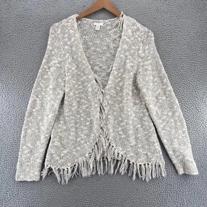 Chicos Sweater Womens 2 US Large Ivory Wool Blend Knit Open Cardigan Tasseled - Picture 1 of 11