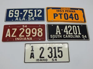 VTG Lot of FIVE 1950's MINI BICYCLE License Plates CERIAL - AK, ID, IN, SC, PA - Picture 1 of 3