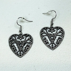 Dark Silver Tone Filigree Heart Earrings Victorian Jewelry PIerced Love - Picture 1 of 5