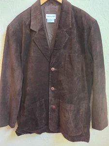Bloomingdales Blazer Sport Coat Mens Large Brown Genuine Suede Leather 3 Button - Picture 1 of 13